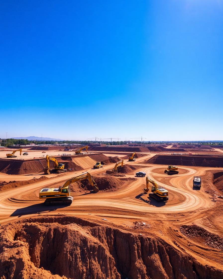 Daytime aerial of commercial excavation site with heavy equipment